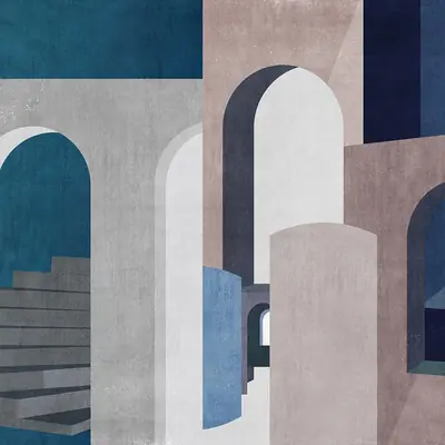 Dettaglio di carta da parati geometrica con archi e colonne stilizzate