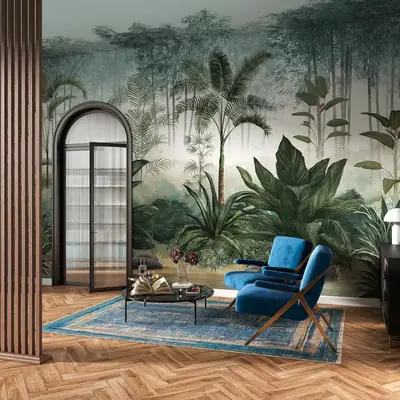 Soggiorno con carta da parati a paesaggio tropicale con palme e vegetazione