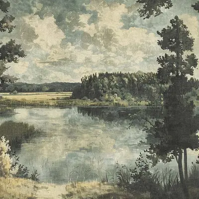 Carta da parati con paesaggio pittorico di lago, alberi e cielo nuvoloso