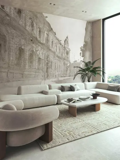 Soggiorno moderno con divano chiaro e carta da parati decorativa sulla parete di fondo